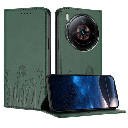 Dark green magnetic vegan leather phone case with tulip and butterfly pattern, folio stand