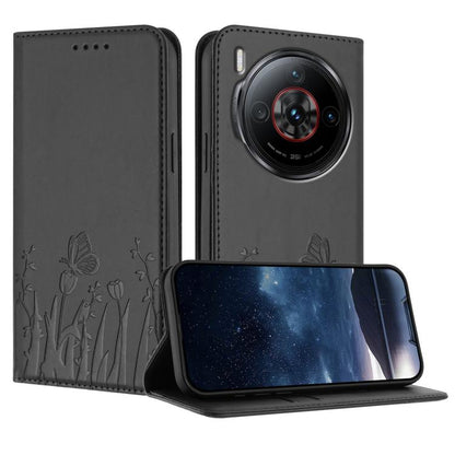 Black magnetic vegan leather phone case with tulip and butterfly pattern, folio stand