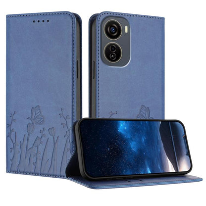 Blue magnetic vegan leather phone case with tulip and butterfly pattern, folio stand