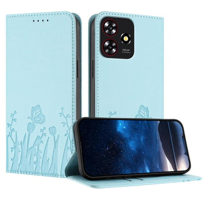 Light blue vegan leather phone case with tulip and butterfly pattern, flip stand cover