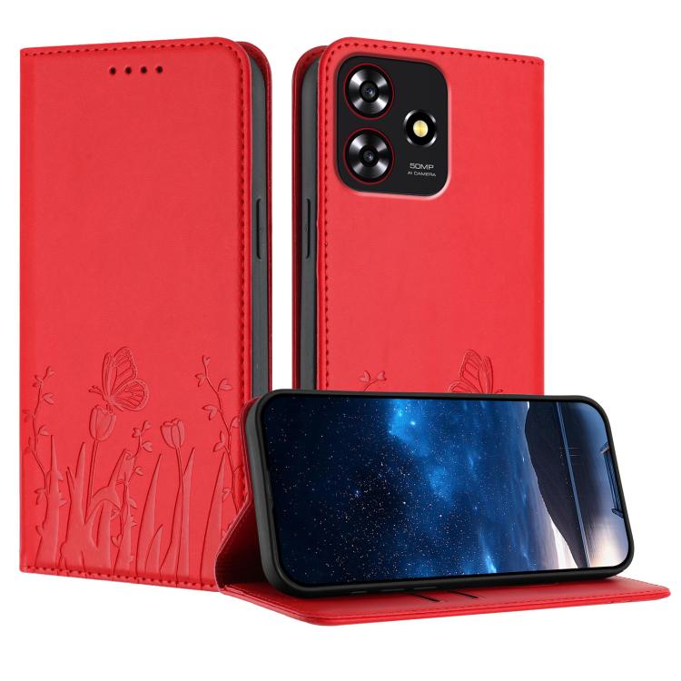 Red vegan leather phone case with tulip and butterfly pattern, flip stand cover