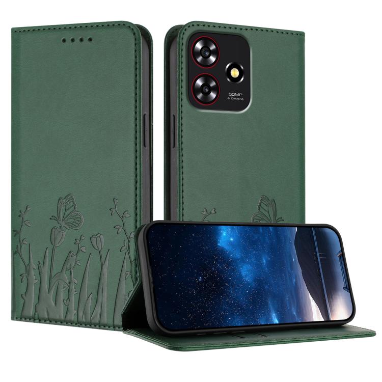 Dark green tulips & butterfly magnetic vegan leather folio phone case with card slots