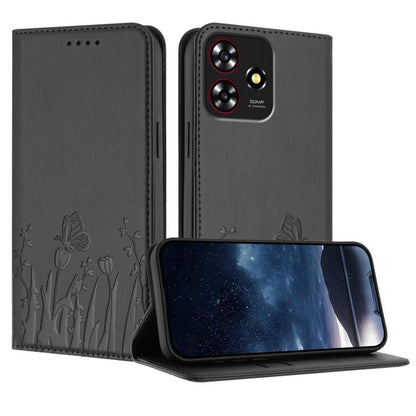 Dark gray tulips & butterfly magnetic vegan leather folio phone case with card slots