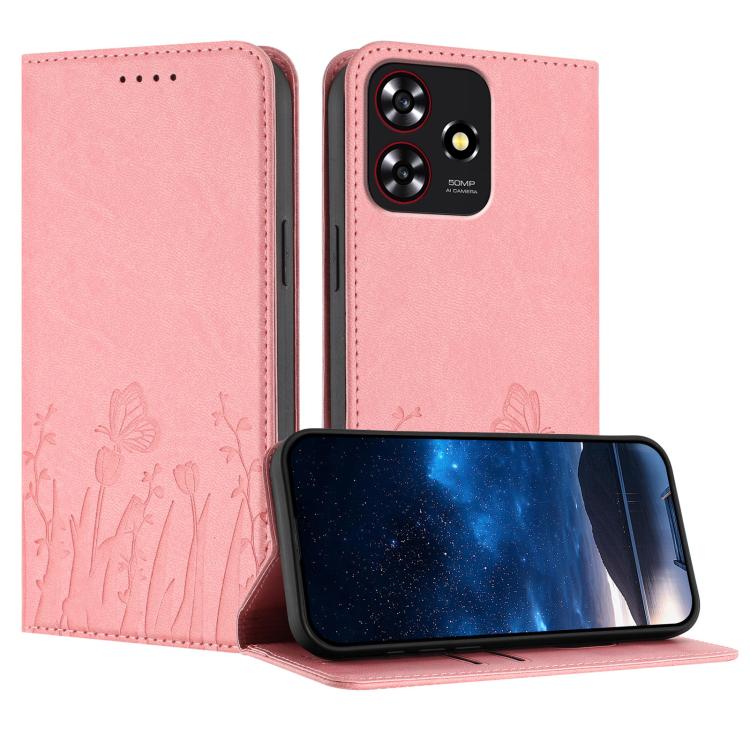 Pink tulips & butterfly magnetic vegan leather folio phone case with card slots