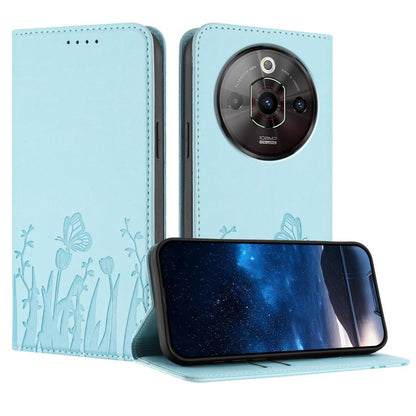 Light blue tulips & butterfly magnetic vegan leather folio phone case with card slots