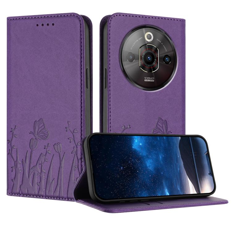 Magnetic vegan leather phone case in dark purple with embossed tulip and butterfly pattern