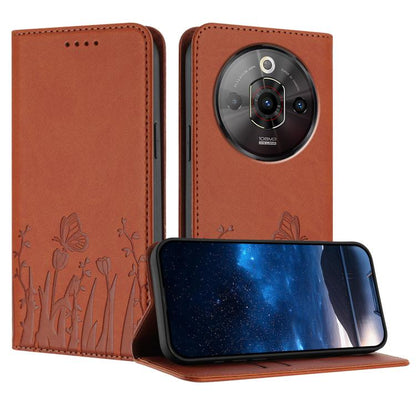 Magnetic vegan leather phone case in rust orange with embossed tulip and butterfly pattern