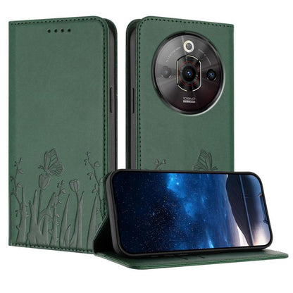 Magnetic vegan leather phone case in deep green with embossed tulip and butterfly pattern