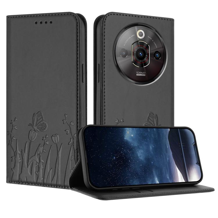 Magnetic vegan leather phone case in black with embossed tulip and butterfly pattern
