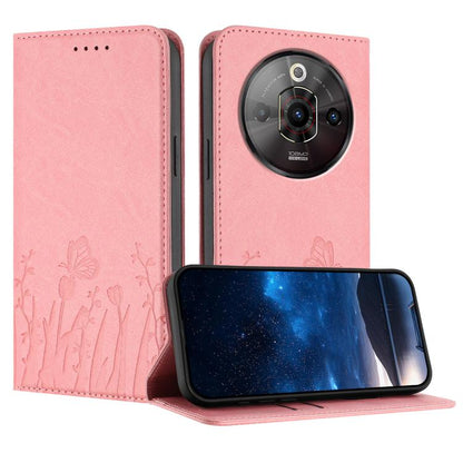 Magnetic vegan leather phone case in light pink with embossed tulip and butterfly pattern