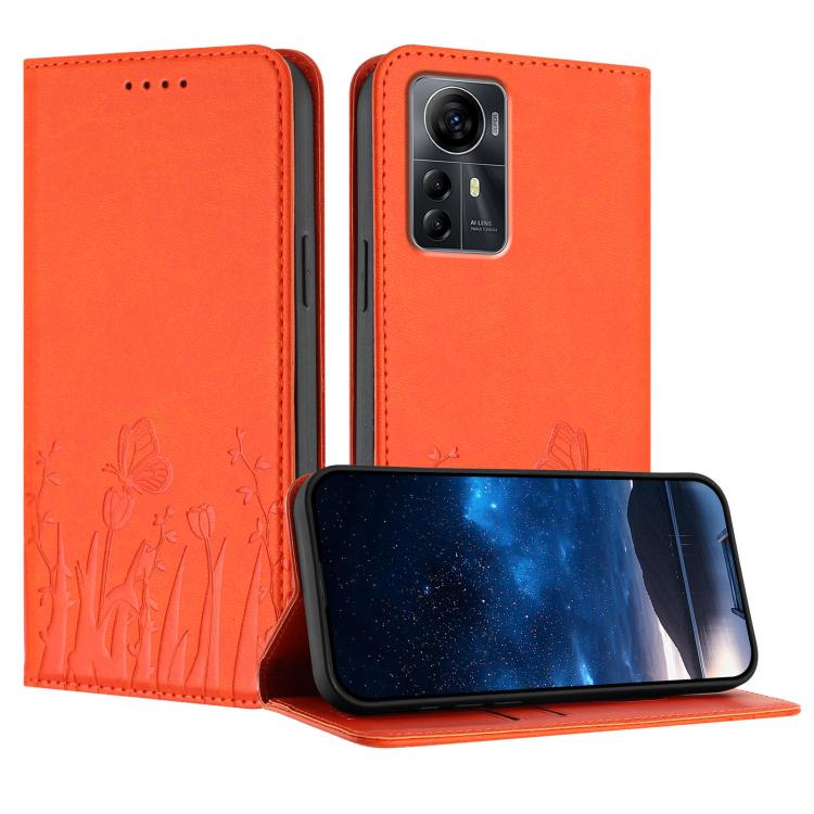 Vegan leather phone case with magnetic folio, orange tulip and butterfly pattern