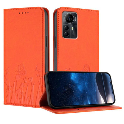 Vegan leather phone case with magnetic folio, orange tulip and butterfly pattern