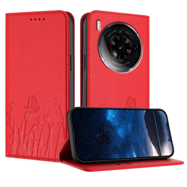 Vegan leather phone case with magnetic folio, red tulip and butterfly pattern