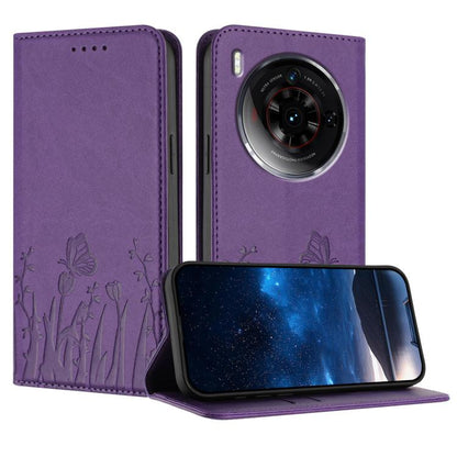 Purple magnetic vegan leather phone case with tulip and butterfly pattern, folio cutout