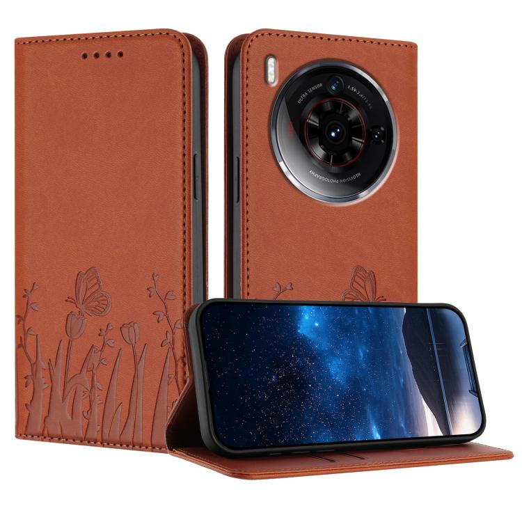 Orange magnetic vegan leather phone case with tulip and butterfly pattern, folio cutout