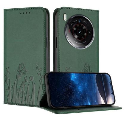Dark green magnetic vegan leather phone case with tulip and butterfly pattern, folio cutout