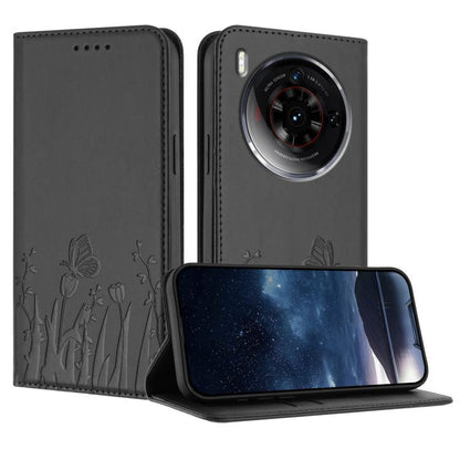 Black magnetic vegan leather phone case with tulip and butterfly pattern, folio cutout