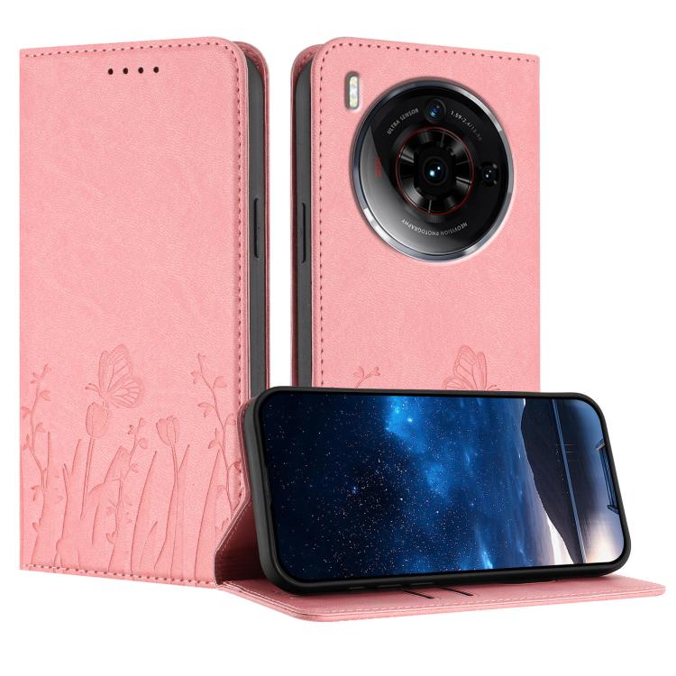 Light pink magnetic vegan leather phone case with tulip and butterfly pattern, folio cutout