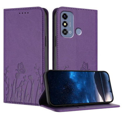Magnetic folio phone case in purple vegan leather, tulip and butterfly pattern.