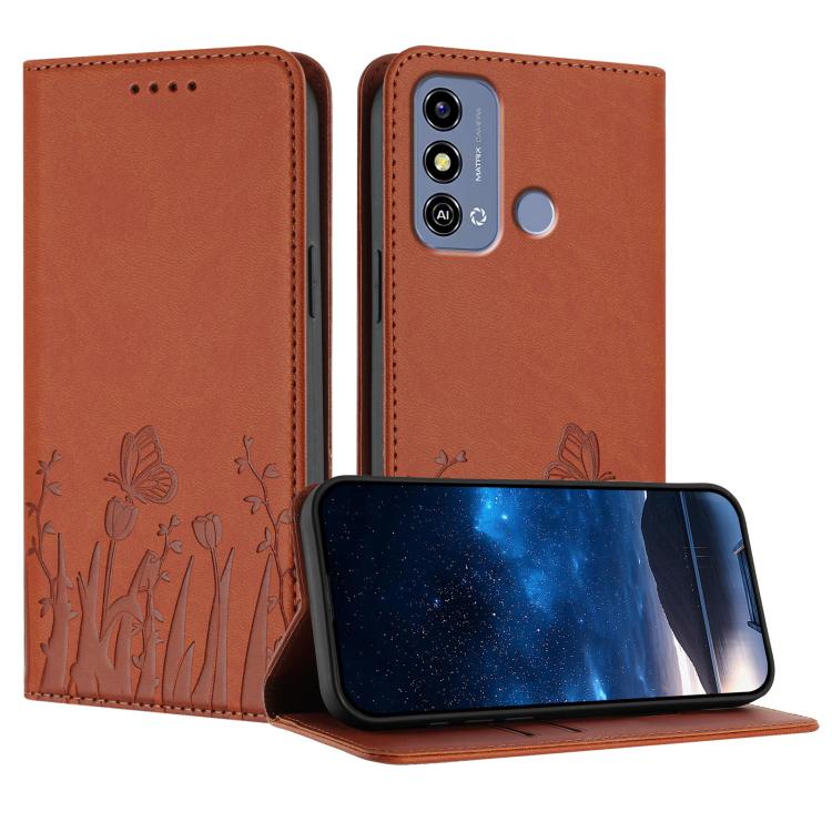 Magnetic folio phone case in orange vegan leather, tulip and butterfly pattern.