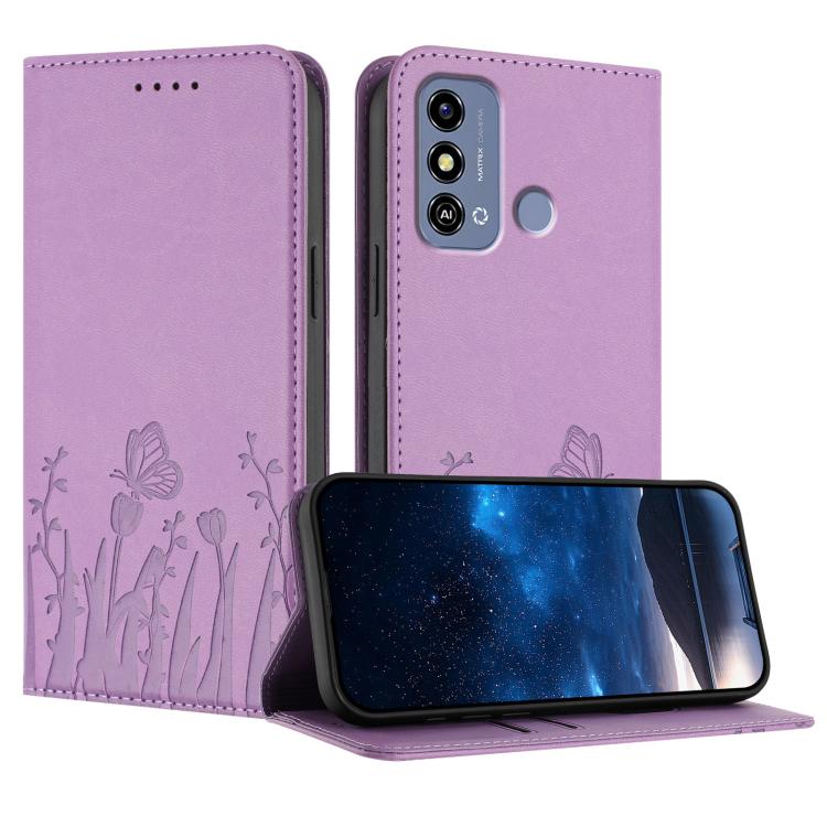 Magnetic folio phone case in light purple vegan leather, tulip and butterfly pattern.