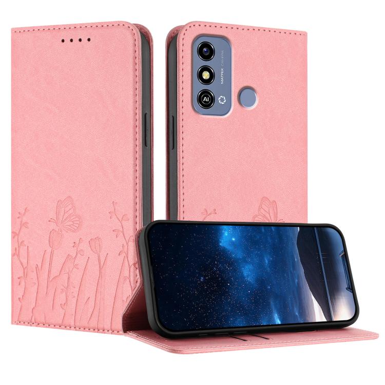 Magnetic folio phone case in pink vegan leather, tulip and butterfly pattern.