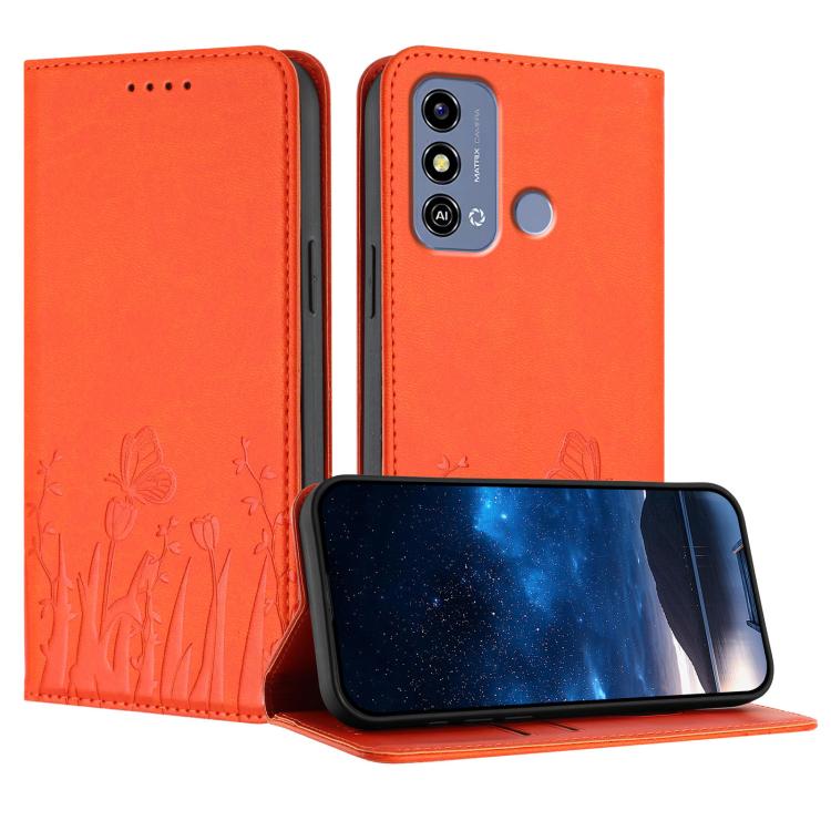 Magnetic folio phone case in orange vegan leather, tulip and butterfly pattern.