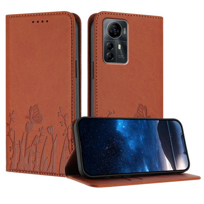 Orange-brown vegan leather phone case with butterfly and tulip pattern, magnetic folio