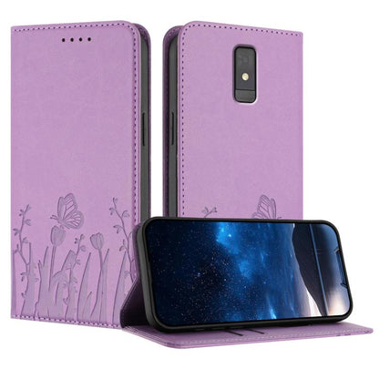 Light purple magnetic vegan leather phone folio with tulip and butterfly pattern, cutouts