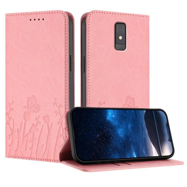 Pink magnetic vegan leather phone folio with tulip and butterfly pattern, side cutouts