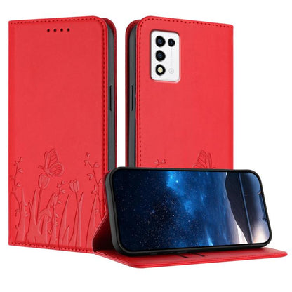 Red magnetic vegan leather phone folio with tulip and butterfly pattern, card slot cutouts