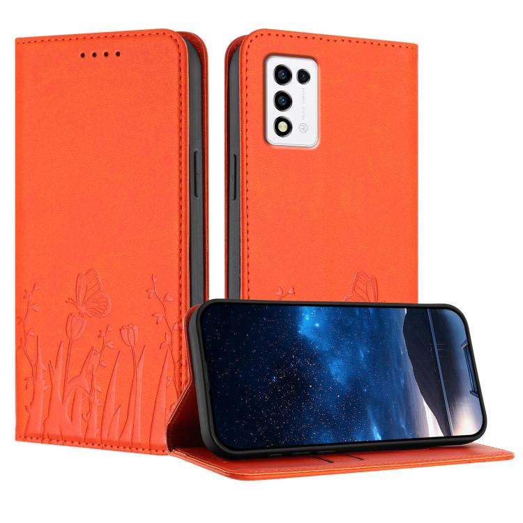 Orange-red vegan leather phone case with tulip and butterfly embossed design, magnetic flip