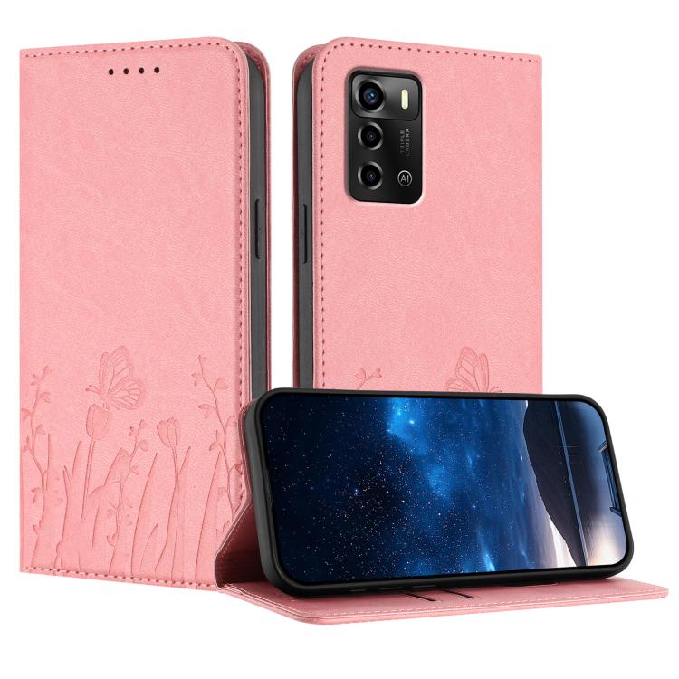 Magnetic vegan leather phone case with tulip and butterfly pattern, light pink cover flap