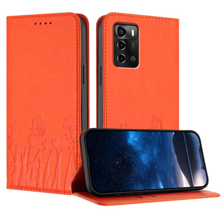 Magnetic vegan leather phone case with tulip and butterfly pattern, orange cover flap
