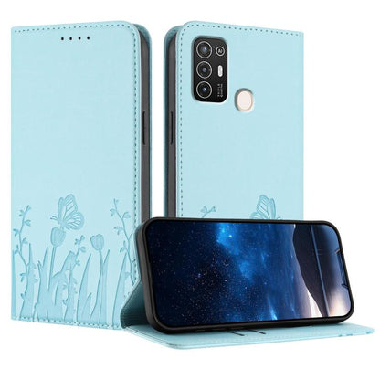 Magnetic vegan leather phone case with tulip and butterfly pattern, light blue cover flap