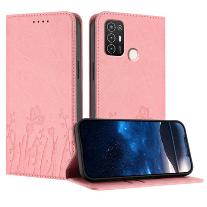 Pink magnetic vegan leather phone case with tulip-and-butterfly pattern and front flap