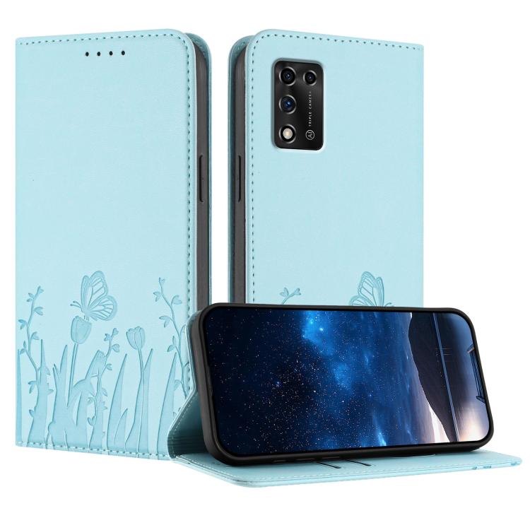 Light blue magnetic vegan leather phone case with tulip-and-butterfly pattern and front flap