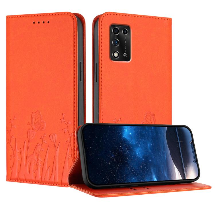 Magnetic vegan leather phone case with tulip and butterfly pattern, orange fold cover