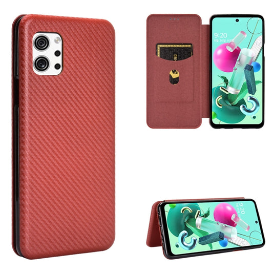 Brown carbon-fiber textured magnetic flip phone case with card slot and stand.