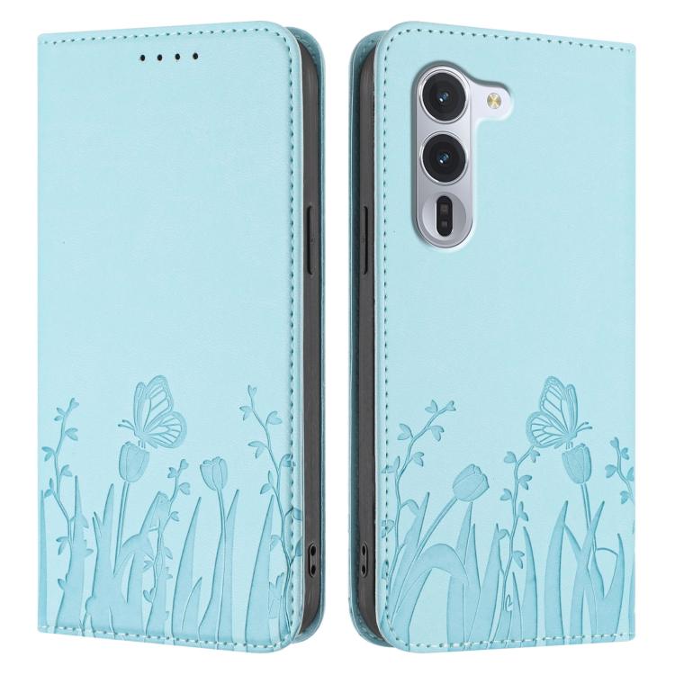 Light blue folio phone case with tulip and butterfly pattern, front and back views