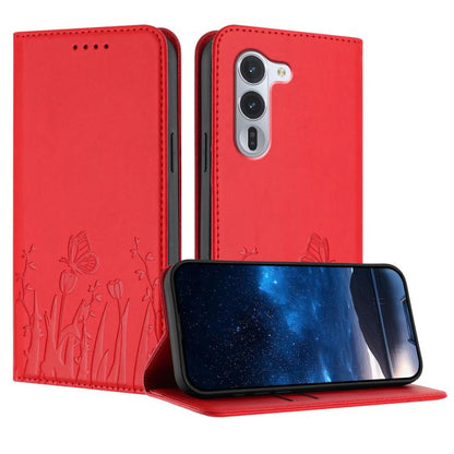 Red vegan leather flip phone case with tulip and butterfly pattern, magnetic closure