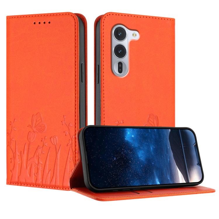 Orange folio phone case with tulip and butterfly pattern, faux leather cover