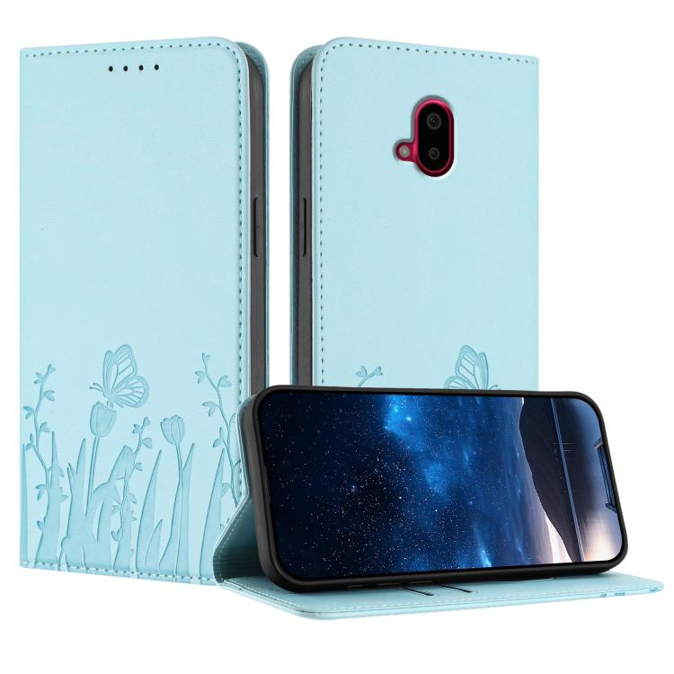 Light blue vegan leather phone case with tulip and butterfly pattern, front flap open