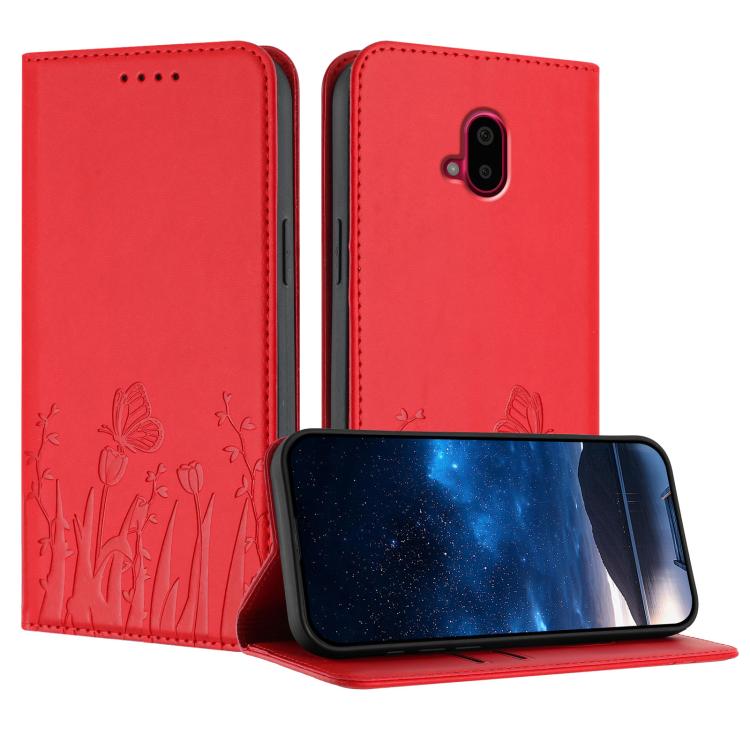 Red vegan leather phone case with tulip and butterfly pattern, front flap open