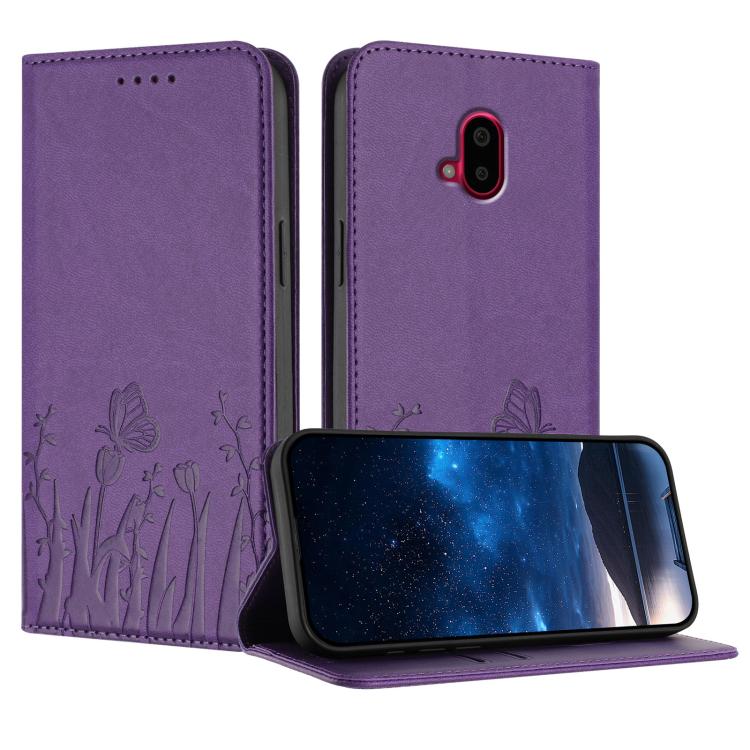 Dark purple tulips and butterflies magnetic vegan leather phone case with flip cover