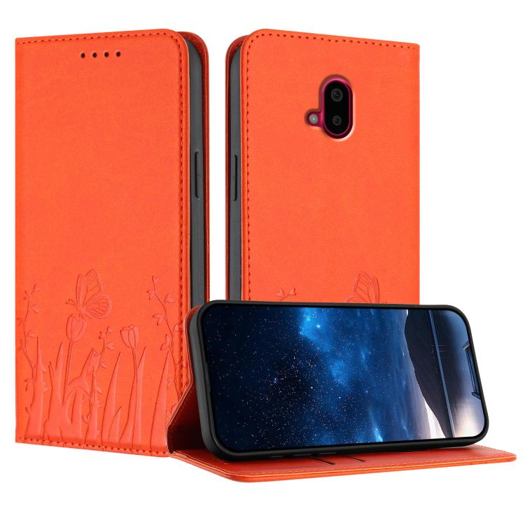 Orange tulips and butterflies magnetic vegan leather phone case with flip cover