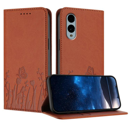 Orange magnetic vegan leather phone case with tulip and butterfly pattern