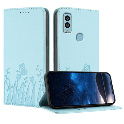 Light blue magnetic vegan leather phone case with tulip and butterfly pattern, folio cover