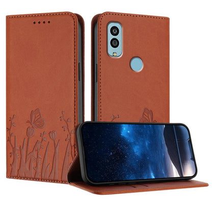 Orange-brown magnetic vegan leather phone case with tulip and butterfly pattern, folio cover