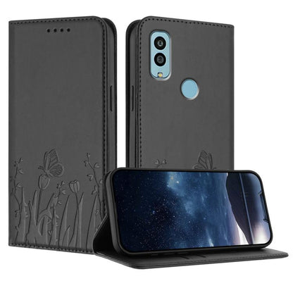 Dark gray magnetic vegan leather phone case with tulip and butterfly pattern, folio cover